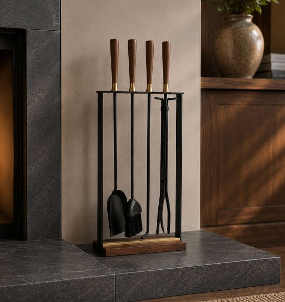Mid-Century Brass & Walnut Rectangular Fireplace Tool Set