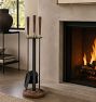 Mid-Century Brass &amp; Walnut Round Fireplace Tool Set
