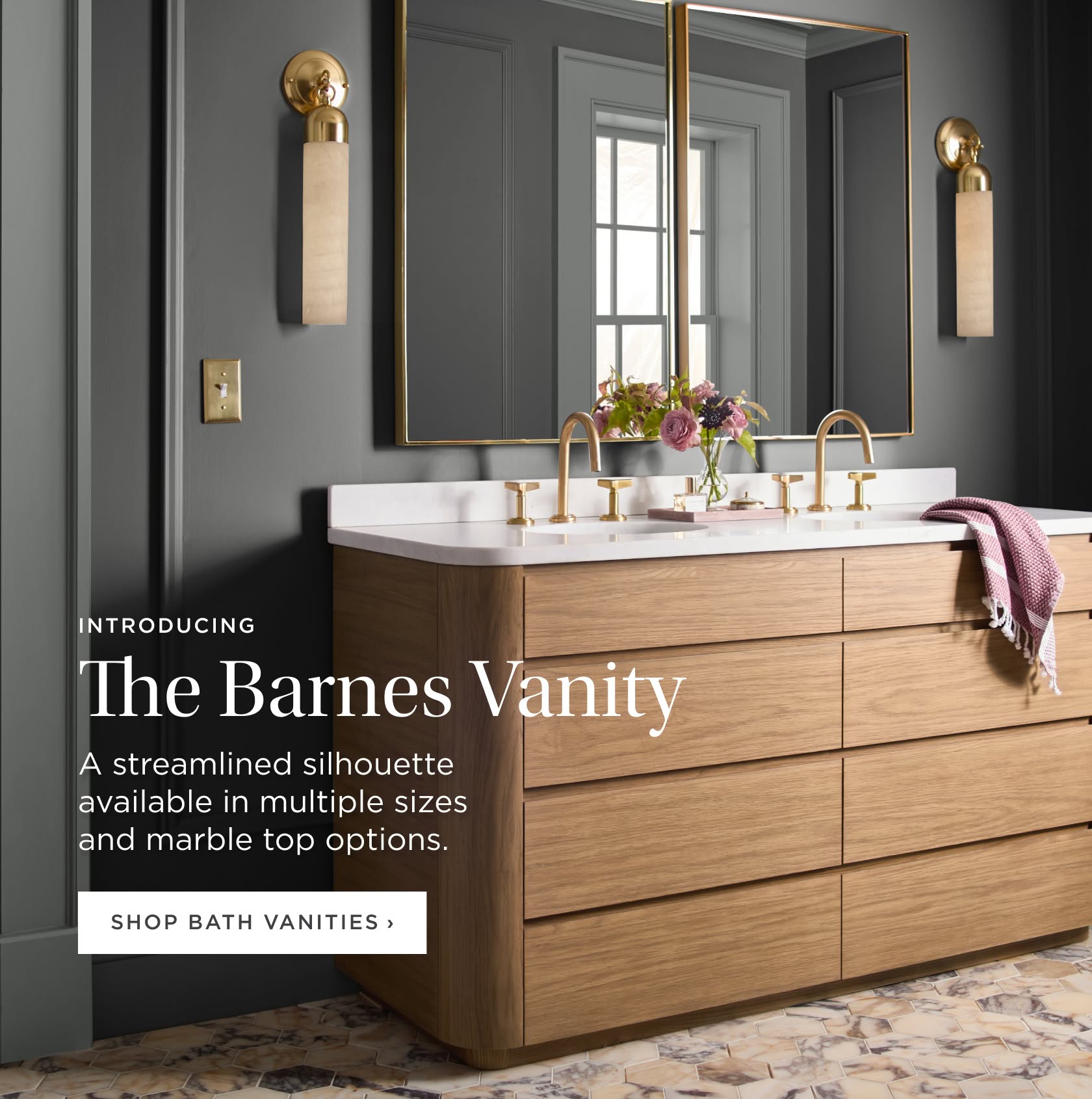 Introducing The Barnes Vanity: A streamlined silhouette available in multiple sizes, finishes, and marble top options. Shop Bath Vanities