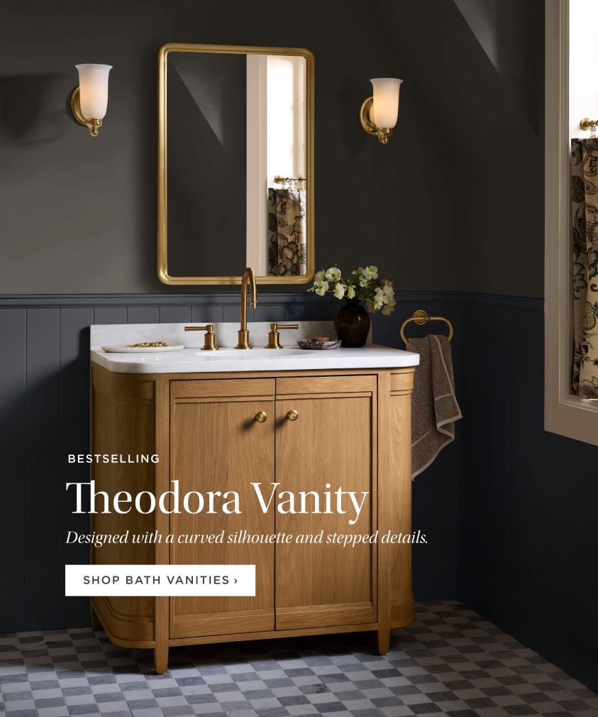 Bestselling Theodora Vanity. Designed with a curved silhouette and stepped details.