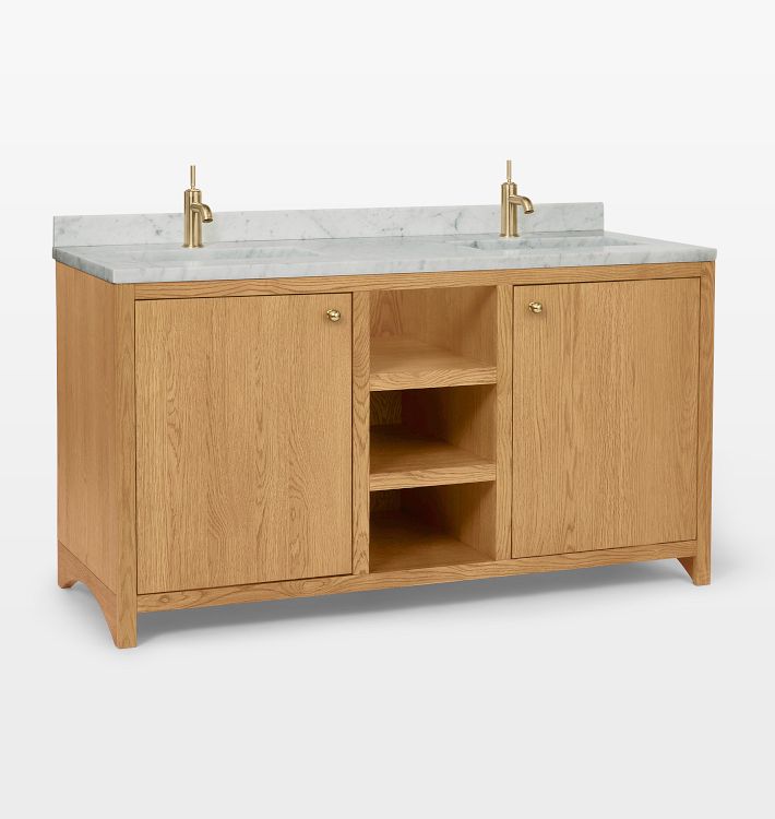 Fallon 60 White Oak Double Vanity - Calacatta Marble - Monohole - West Slope in Polished Nickel