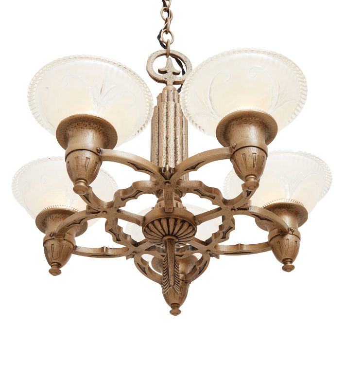 5 Light Chandelier Brass Pineapple Glass Shades