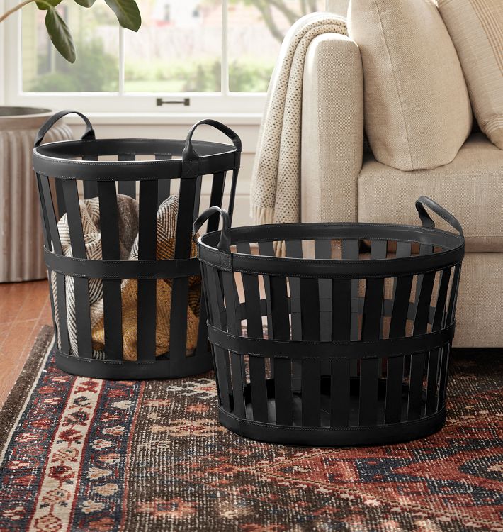 Leather Open Weave Round Basket