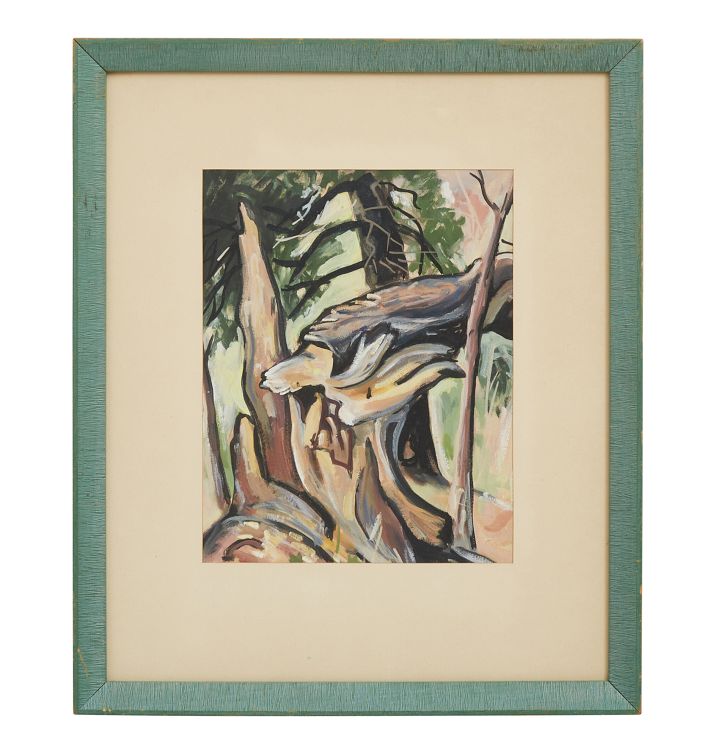Vintage Gouache-Painted Forest Scene in Original Frame