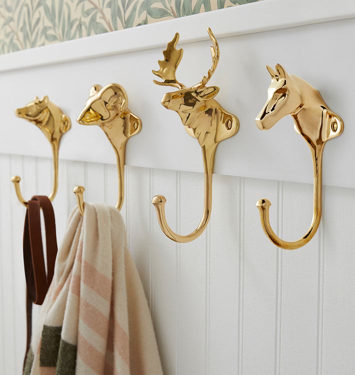 Deer head Brush Gold Animal Hook Solid kirsite Coat Hook Door Back Hook  Bathroom Kitchen Reativity Clothe Hooks Towel Rack