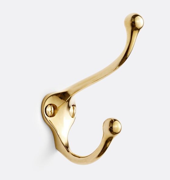 Unlacquered Brass Louie Style 2 Polished Brass Wall Coat and Hat Hook