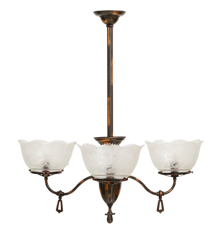 Antique Copper-Flashed Victorian 3-Arm Converted Gas Chandelier