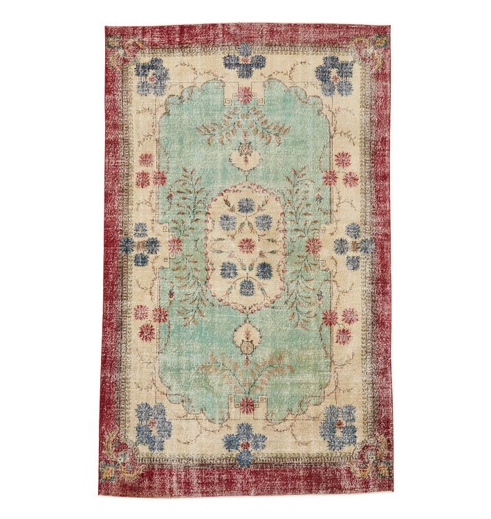 Vintage Turkish Hand-Knotted Rug in Aqua and Maroon| 6.5'x10.5'
