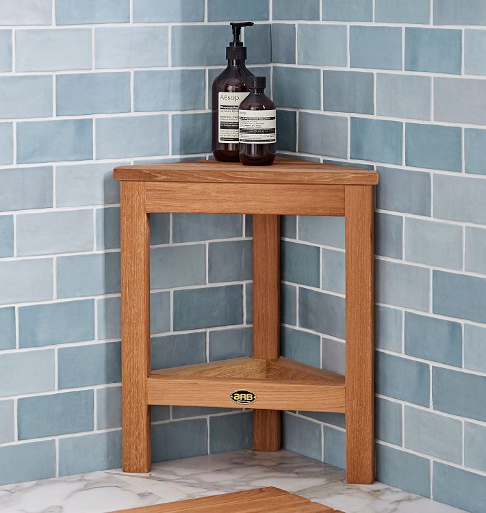 Teak wood store corner shower bench