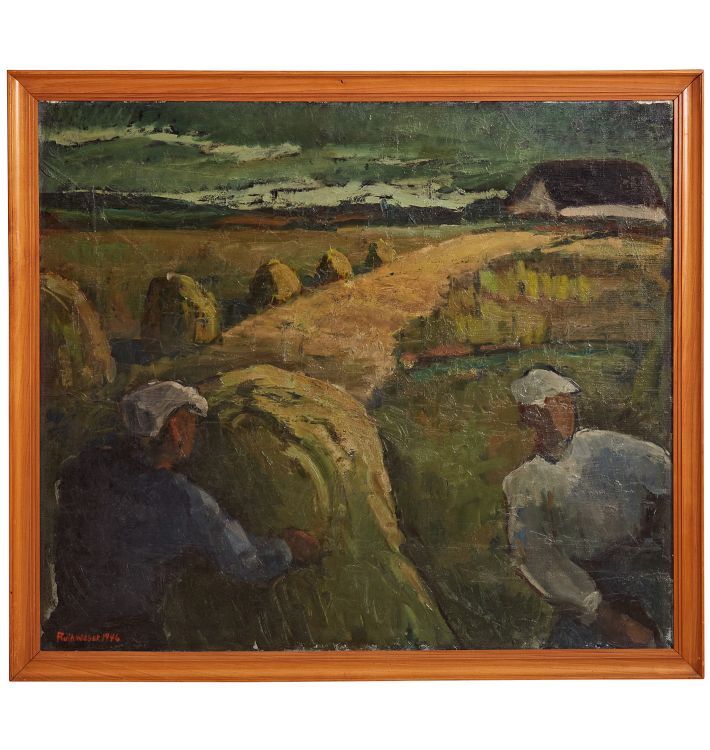 Framed Danish Painting of Workers in a Field