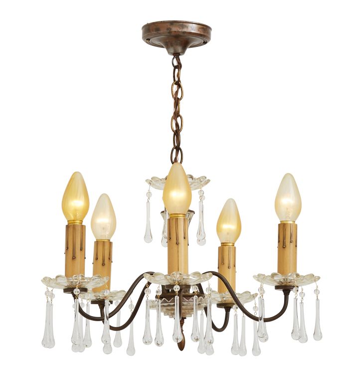 Vintage 5-Light Candle Chandelier with Crystal Drops in Original Finish