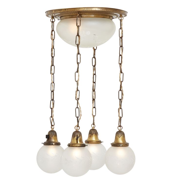 Antique Classical Revival Flush Mount with Wheel-Cut Globe and Satellite Shades