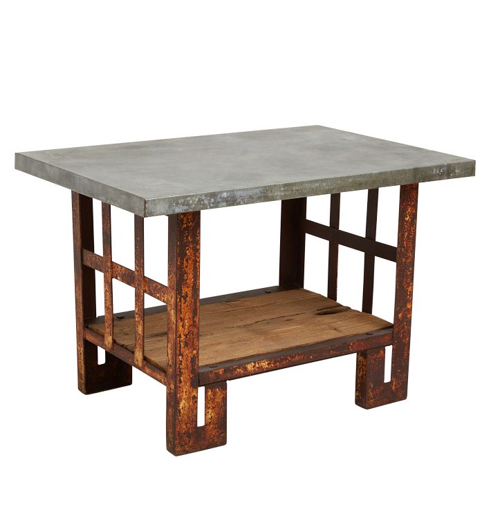 Vintage Perfectly Weathered Industrial Work Table with Galvanized Top