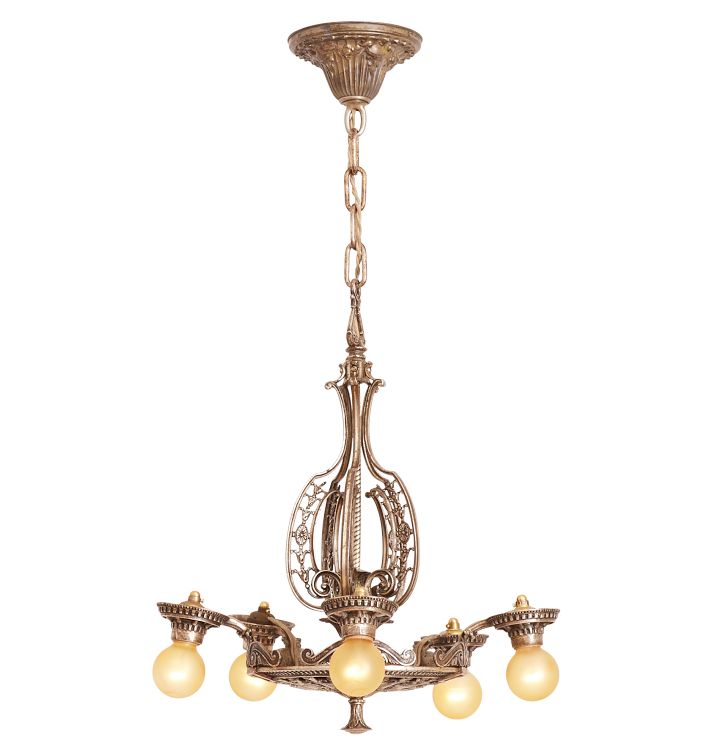 Five Light Classical Revival Bare Bulb Chandelier Circa 1920S