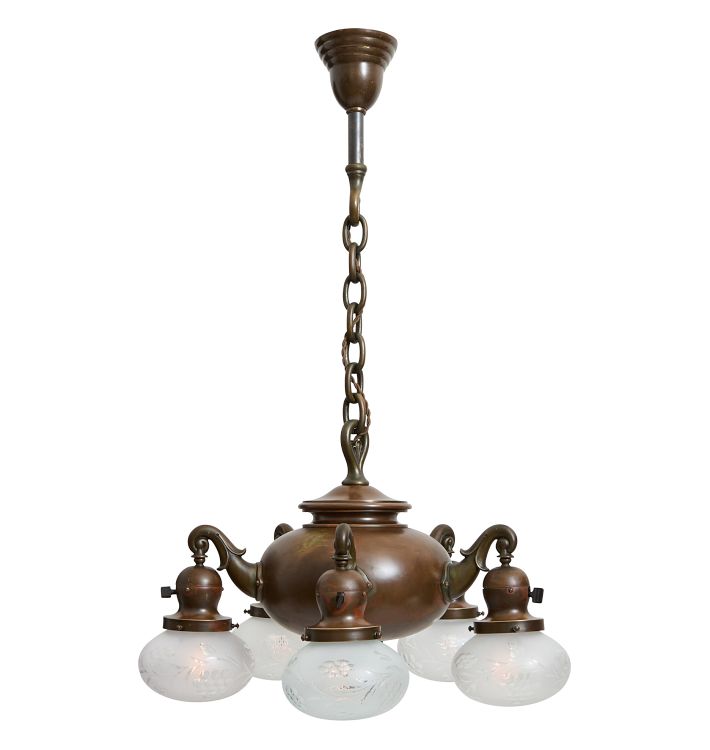 Vintage Bronze 5-Light Chandelier with Wheel-Cut Starburst Globe Shades