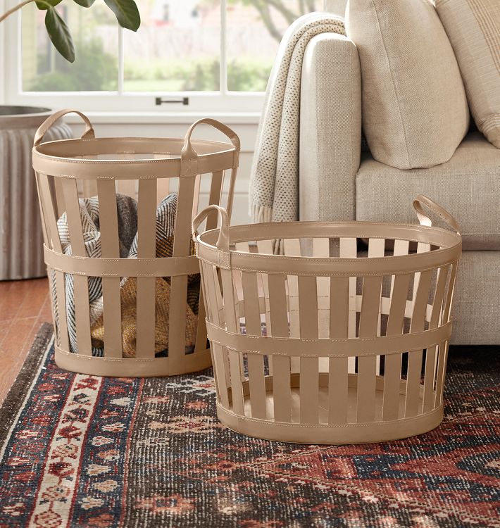 Leather Open Weave Round Basket