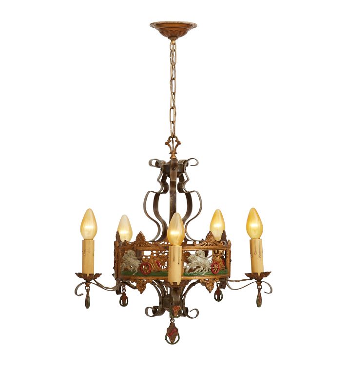 Five-Light Romance Revival Chandelier with Chariot Motif