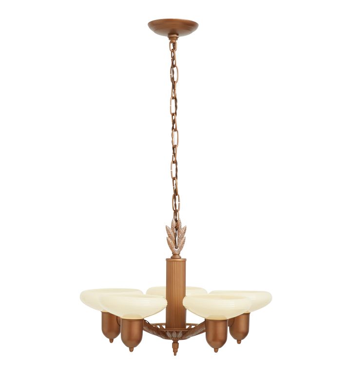 Five-Light Art Deco Cup Shade Chandelier with Botanical Motifs