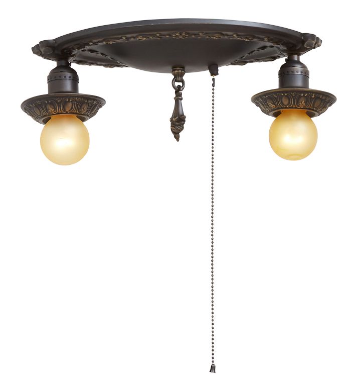 Vintage Brass 2-Light Bare Bulb Semi-Flush Fixture with Classical Motifs