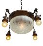 Antique Classical Revival Bowl Chandelier with Wheel Cut Shade and Four Bare-Bulb Satellites