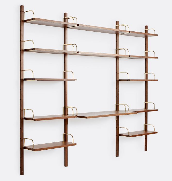 Hart Modular Walnut Triple 12- Shelf with 36" Desk, Aged Brass Hardware