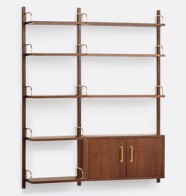 Hart Modular Walnut Double Shelving Unit with Cabinet, 24 & 36 inch - Aged Brass