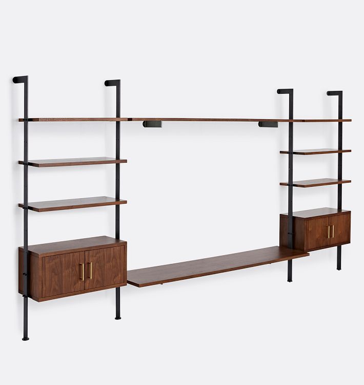 Holgate Walnut Triple Modular 8-Shelf 76" Media Stand w Cabinets and CP Hrdwr w 72" Rails