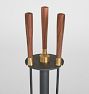 Mid-Century Brass &amp; Walnut Round Fireplace Tool Set