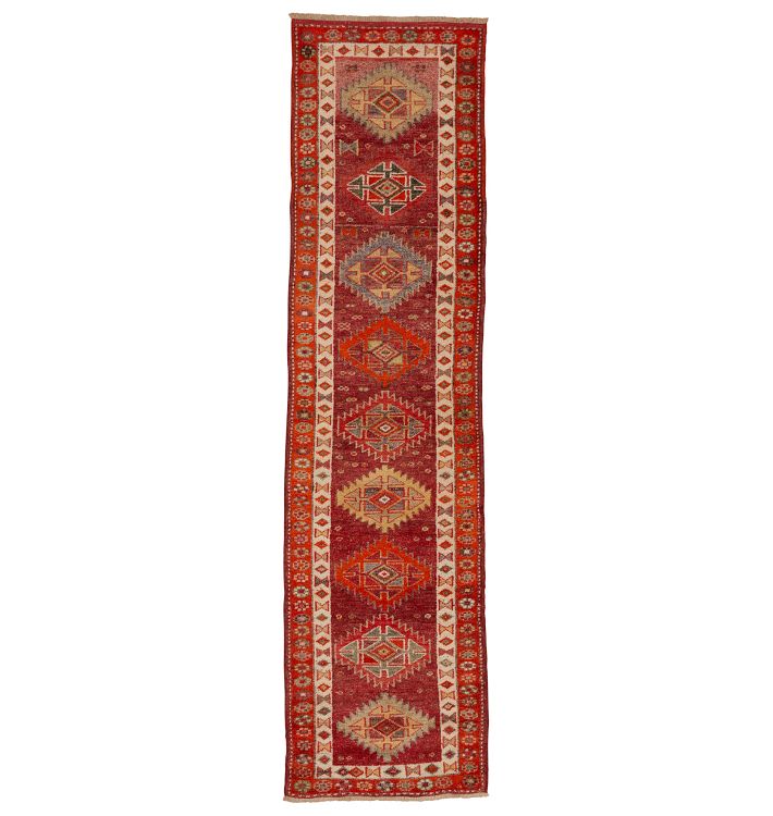 Vintage Turkish Hand-Knotted Runner Rug in Vibrant Red