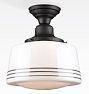 Rose City 6" Fitter Semi-Flush Mount, Oil-Rubbed Bronze Opal Schoolhouse Drum Shade with Black Pinstripe