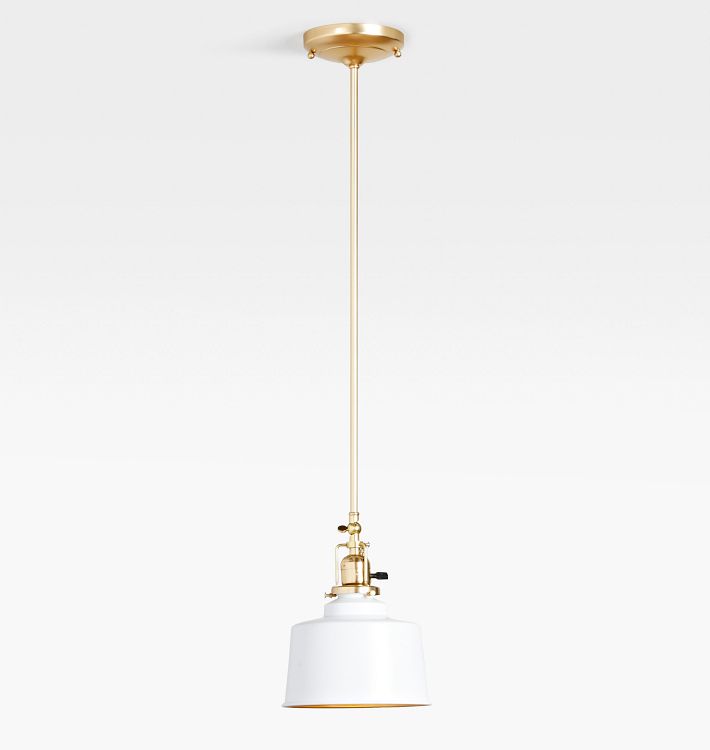 Fairview Traditional Pendant, Aged Brass - 8" Matte White Cylinder Shade with Brushed Brass Interior - 28" Length