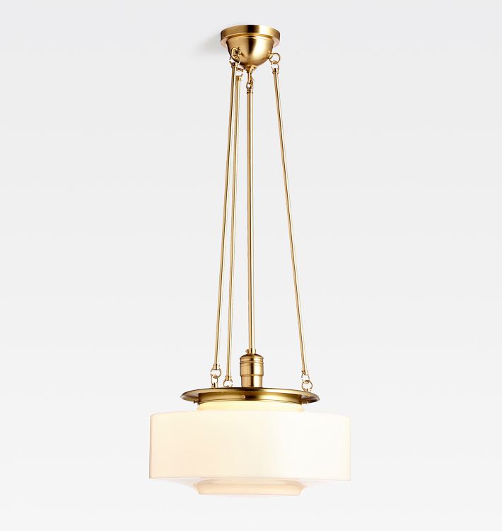 Hood Classic Pendant, Aged Brass - 16" Opal Wide Cylinder Shade - 38" Length