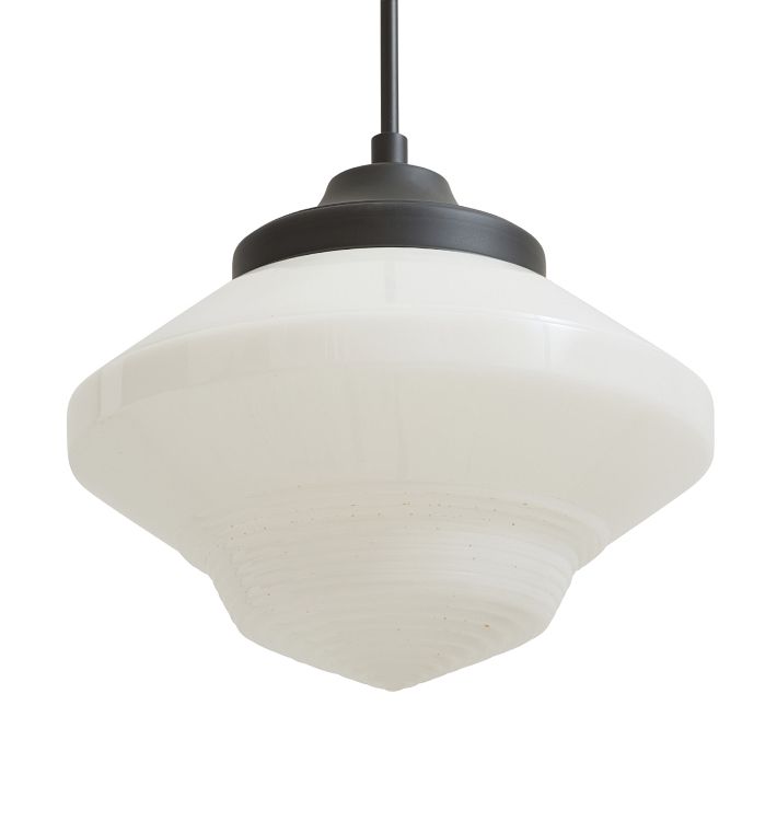Vintage Mid Century Modern Pendant with Original 12 Opalescent Glass Schoolhouse Shade
