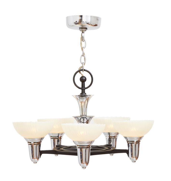 Vintage Chromed Art Deco 5-Light Cup Shade Chandelier