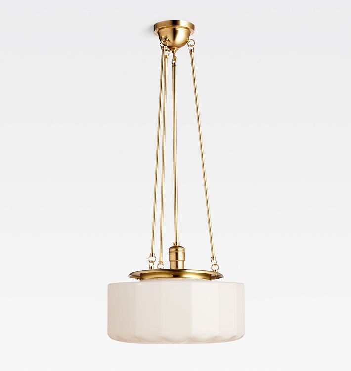 Hood Classic Pendant, Aged Brass - Cased White Faceted Drum Shade - 30" Length