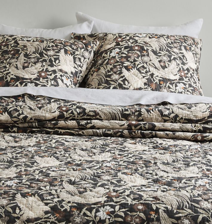 Talia Handstitched Birds Quilt, Full/Queen - Gunmetal and Espresso