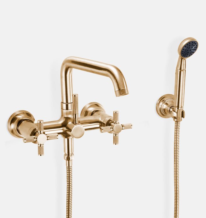 Descanso Cross Handle Wall Mounted Tub Filler With Handshower, Satin Bronze PVD