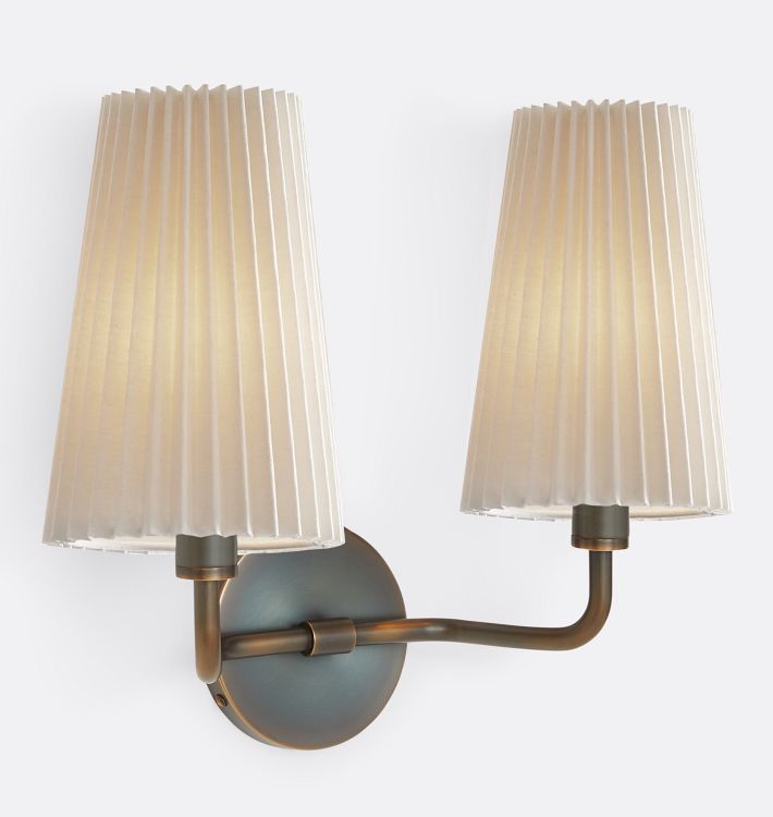 Ansel Double Sconce, Burnished Antique - Pleated White Fabric Shade