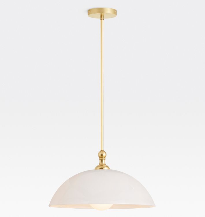 Theo Pendant, Aged Brass - 18" Cased White Glass Dome Shade - 32" Length - No Vault Mount