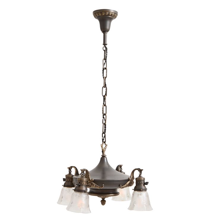 Vintage 4-Light Classical Revival Chandelier with Pressed Glass Starburst Shades