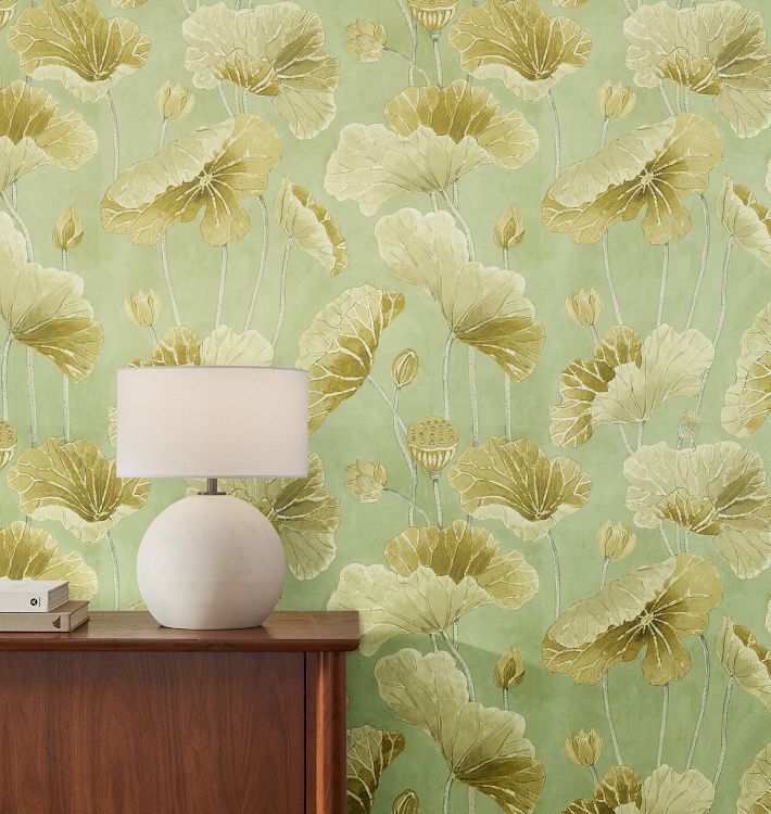 Lotus Leaf Sanderson Wallpaper Oriental Green & Olive Swatch