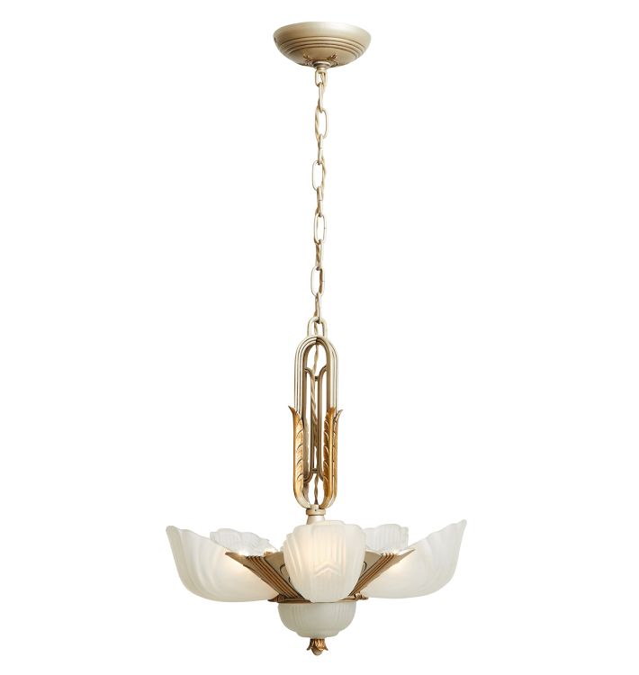 Vintage Art Deco Slipper Shade Chandelier with Central Bowl