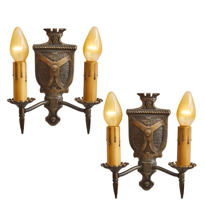 Pair of Vintage Gothic Revival Bronze Double Candle Sconces