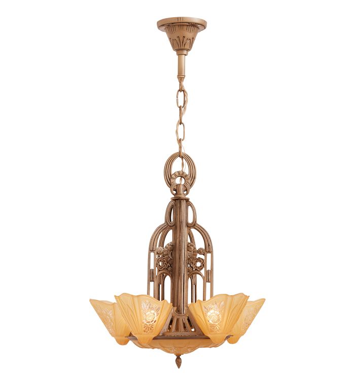 Five-Light Art Deco Slip Shade Chandelier with Floral Motif