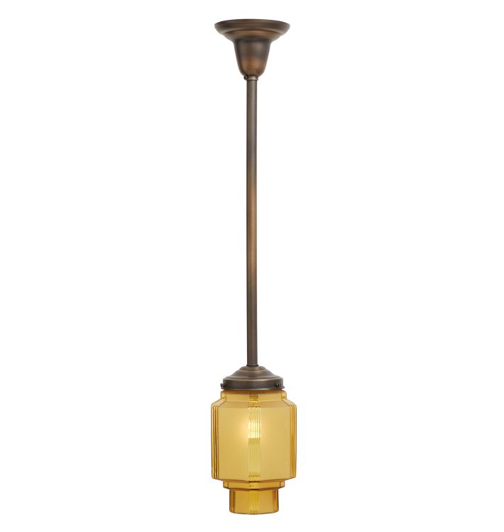 Aged Brass Pendant with Vintage Art Deco Tiered Amber Crackle Glass Shade