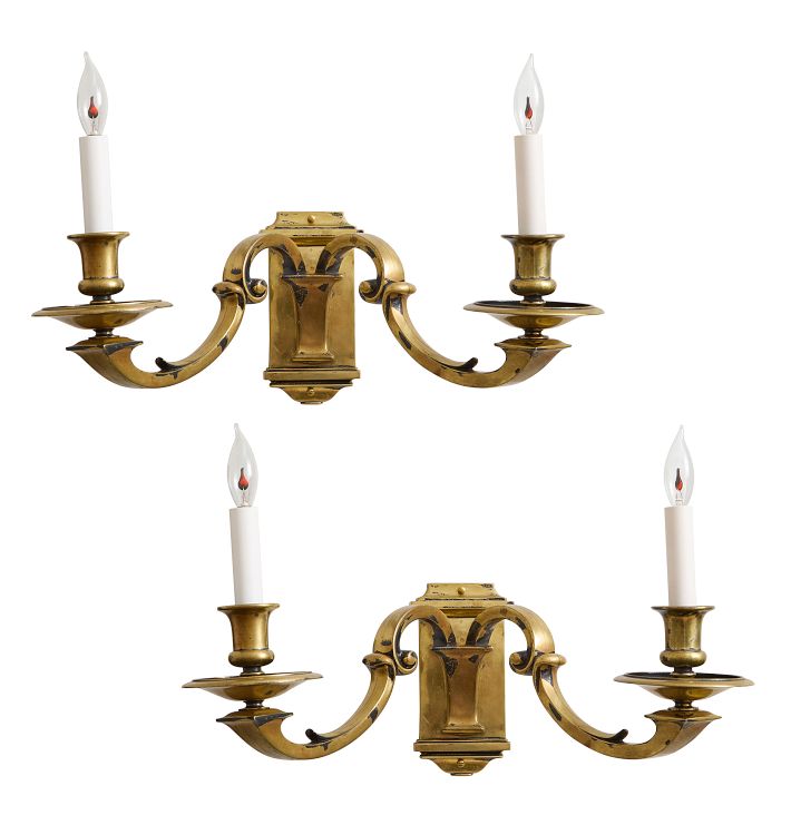 Pair of Vintage Colonial Revival Double Candle Sconces in Weighty Cast Brass