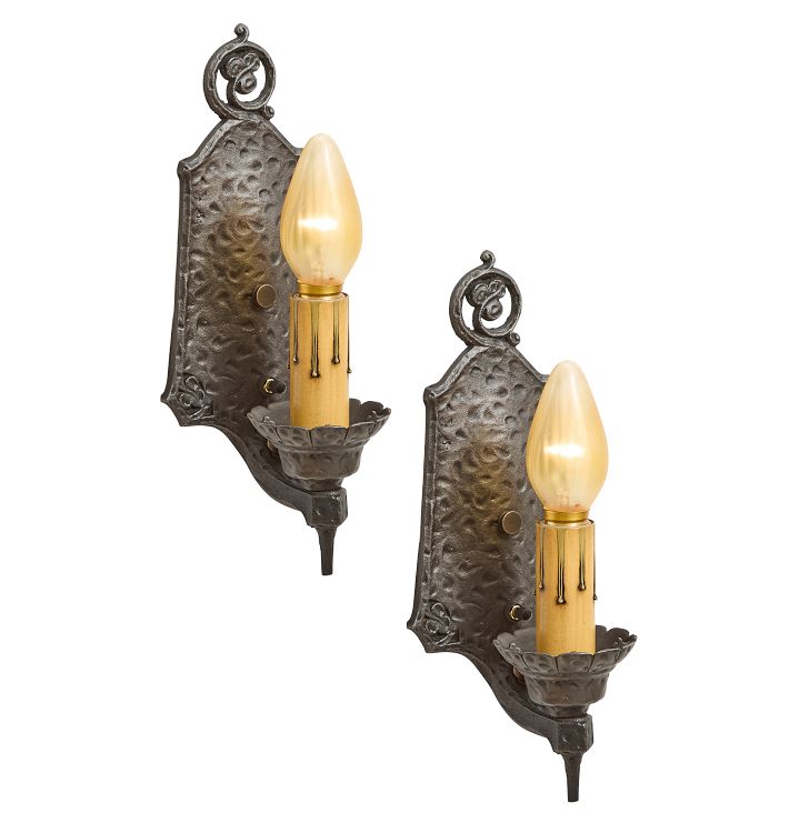 Pair of Vintage Romance Revival Candle Sconces with Faux Hammered Texture