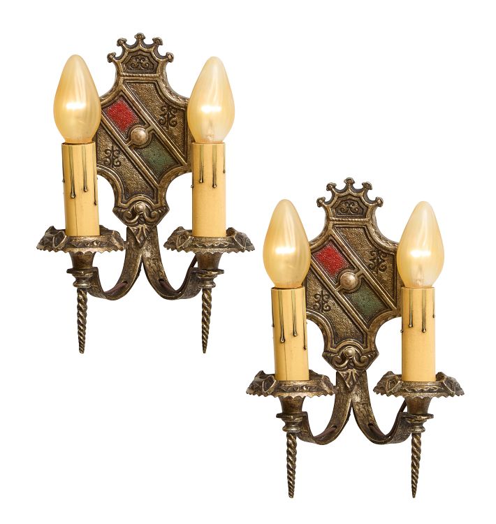 Pair of Vintage Romance Revival Double Candle Sconces with Crown and Shield Motif