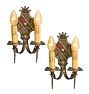 Pair of Vintage Romance Revival Double Candle Sconces with Crown and Shield Motif