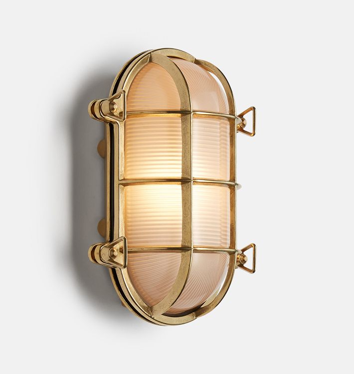 Seabeck 9" Oval-Caged Bulkhead Sconce, Natural Brass